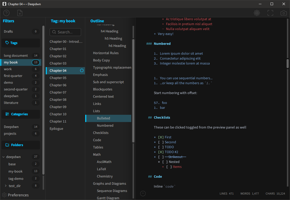 Deepdwn interface screenshot with filters, file list, document outline and markdown editor